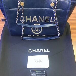 Chanel Dark Blue Leather Tote Shoulder Bag Handbag